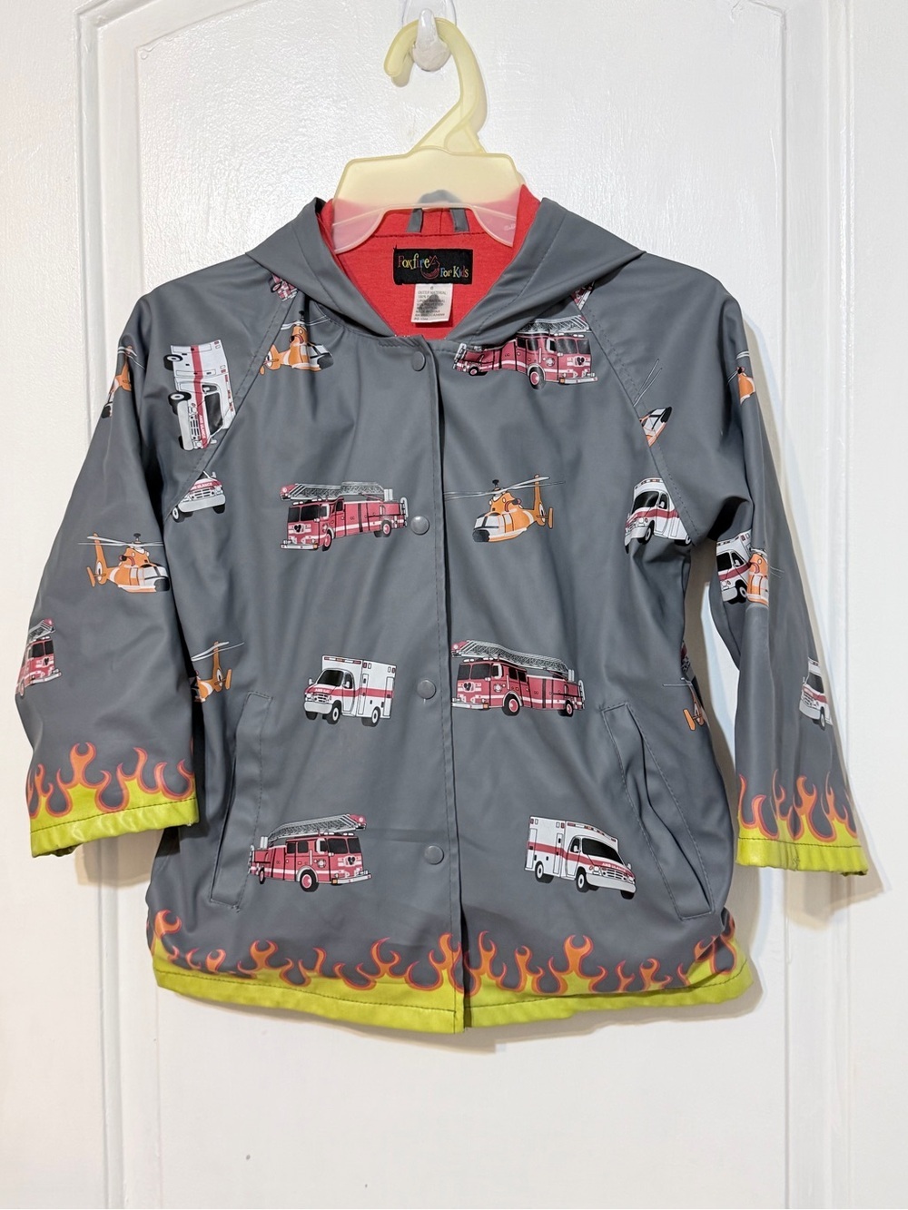 Gray Kids Raincoat with Firetruck & Helicopter Print Sz 6 costume